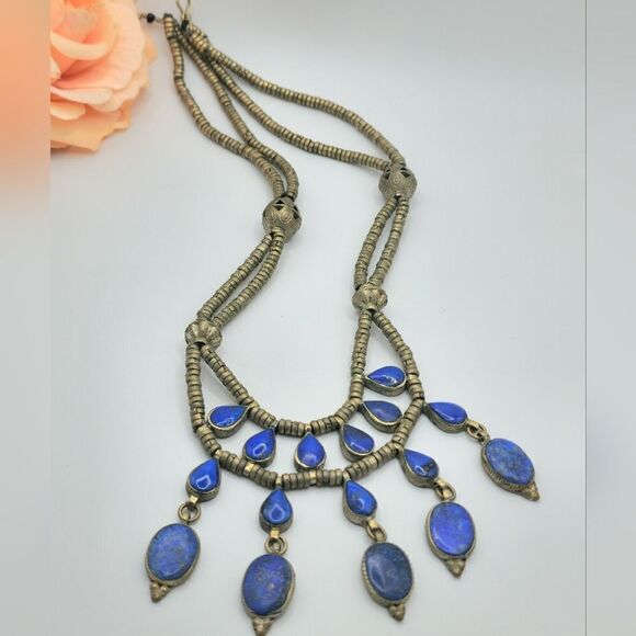 Rare Afghan Lapis lazuli Tibetan silver bib necklace - Picture 2 of 14